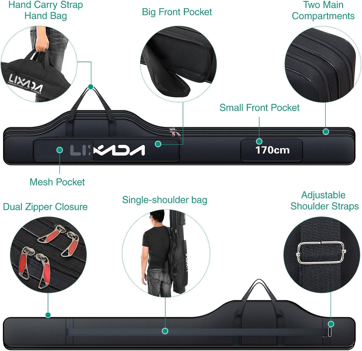Portable Fishing Bag Folding Fishing Rod Reel Bag Outdoor Fishing Carrier Bag100Cm/130Cm/150Cm (Black, 170Cm), Black, 170Cm, Modern