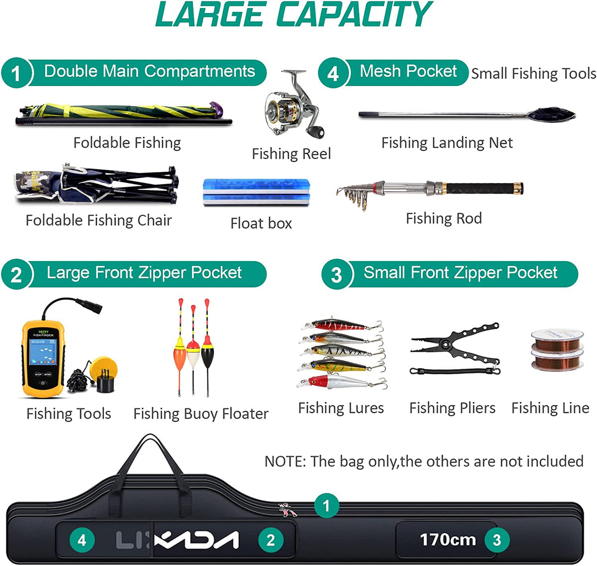 Portable Fishing Bag Folding Fishing Rod Reel Bag Outdoor Fishing Carrier Bag100Cm/130Cm/150Cm (Black, 170Cm), Black, 170Cm, Modern